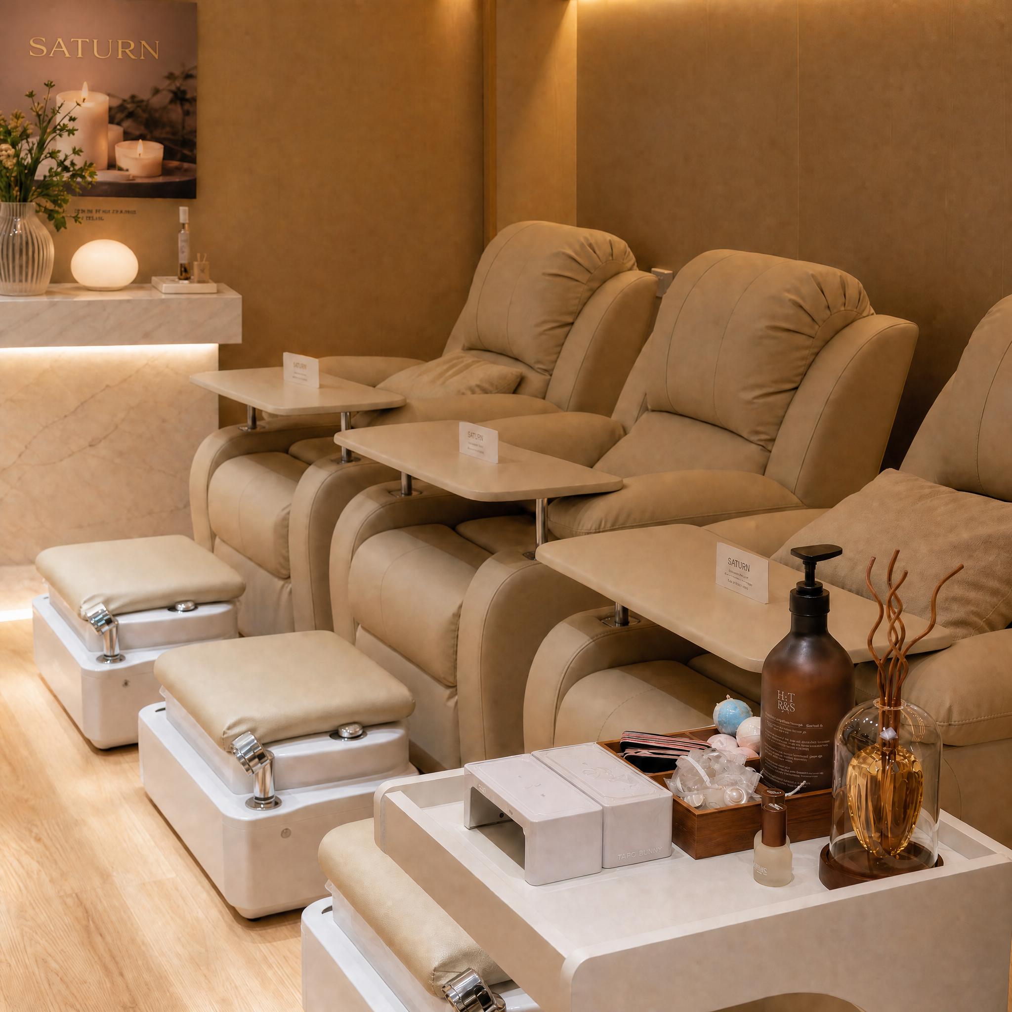 Saturn Beauty pedicure lounge with warm lighting and soft ivory chairs